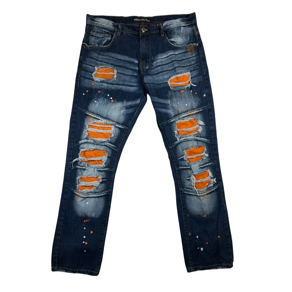 Arketype Mens Distressed Orange Patch Paint Splatter Jeans Dark Wash 38x34